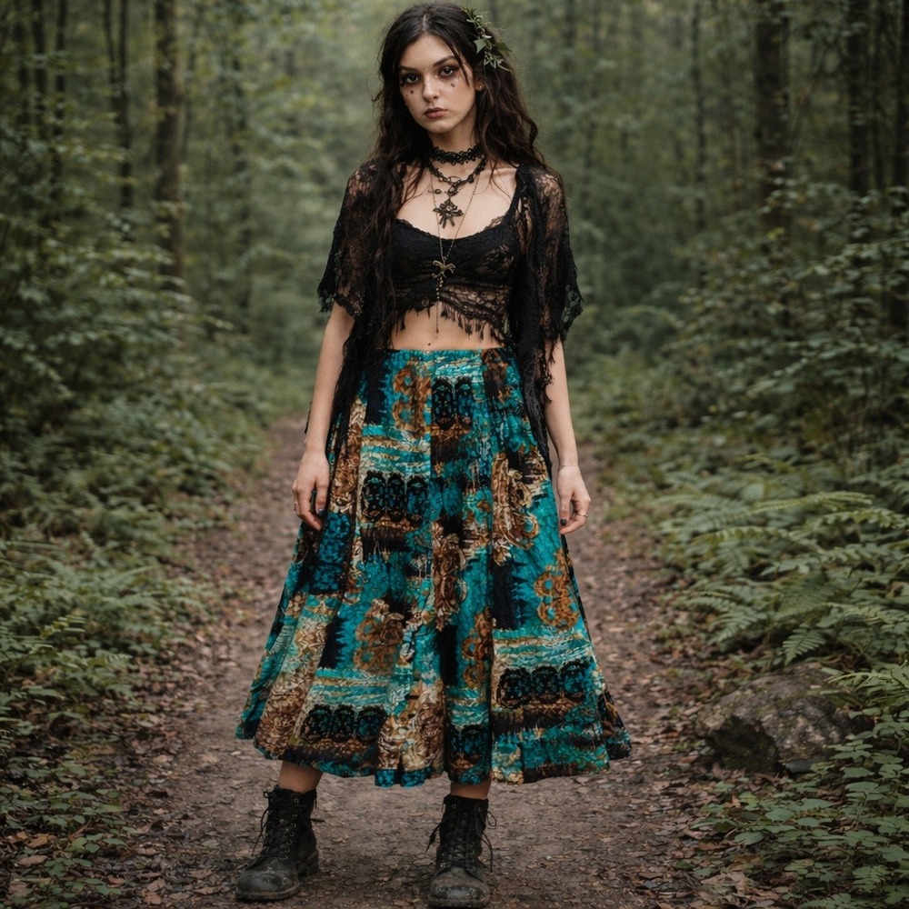 Whimsigoth Maxi Skirt Size Small Lace Dark Fairy Grunge Y2K Goth Pull On Stretch